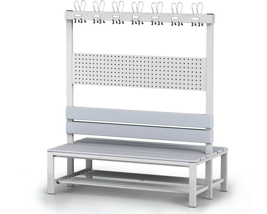 Oboustranná lavice s opěradlem a věšáky, PVC latě - se sklopným roštem 1800 x 1500 x 830
